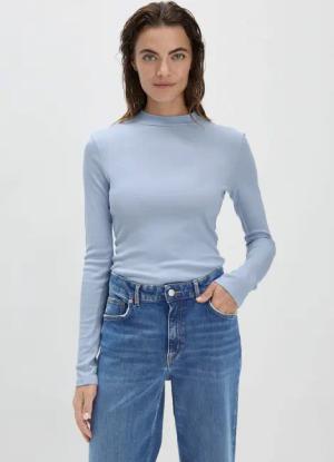 hessnatur Damen Softrib Langarmshirt Slim aus Bio-Baumwolle und TENCEL™ Modal - blau - Größe 42