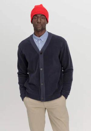 hessnatur Herren Fleece Cardigan Relaxed aus Bio-Baumwolle - blau - Größe 50