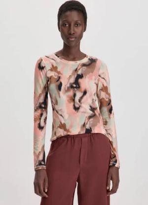 hessnatur Damen Print Premium Light Jersey Longsleeve Slim aus Bio-Baumwolle - braun - Größe 42