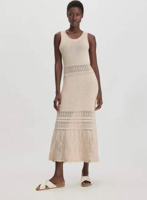 hessnatur Damen Ajour Strick Kleid Midi Fitted aus Bio-Baumwolle - beige - Größe 40