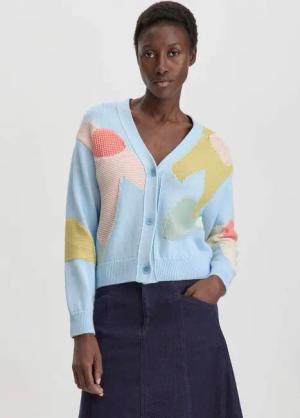 hessnatur Damen Intarsia Strick Jacke Relaxed aus Bio-Baumwolle - blau - Größe M