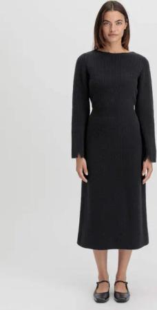 hessnatur Damen Strickkleid Midi Regular aus Bio-Baumwolle und Schurwolle - schwarz - Größe S