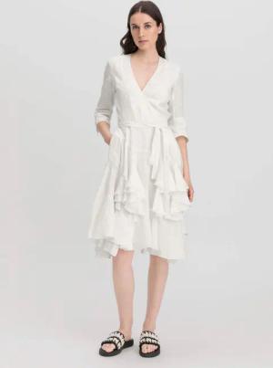 hessnatur Damen WUNDERKIND × hessnatur Wrap Kleid Regular aus Leinen - weiß - Größe 38