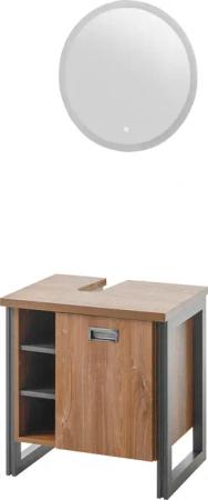 Home affaire Badmöbel-Set "Detroit, Bad im Industrialdesign, inkl. LED, 2-teiliges Badezimmer", (2 St.), Unterschrank mit offenen Fächern & Stauraum, holzfarben, Rundspiegel
