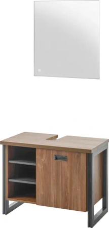 Home affaire Badmöbel-Set "Detroit, Bad im Industrialdesign, inkl. LED, 2-teiliges Badezimmer", (2 St.), Waschbeckenunterschrank und Spiegel, holzfarben, mit offenen Fächern