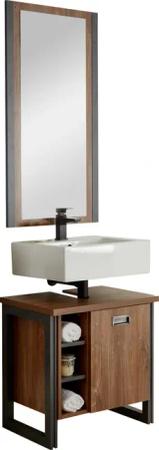 Home affaire Badmöbel-Set "Detroit, Bad im Industrialdesign, 2-teiliges Badezimmer", (Set, 2 St.), Waschbeckenunterschrank und Spiegel, holzfarben, mit offenen Fächern