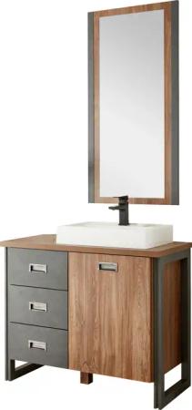 Home affaire Badmöbel-Set "Detroit, Bad im Industrialdesign, 2-teiliges Badezimmer", (Set, 2 St.), Waschtisch und Spiegel, inkl. Aufsatzwaschbecken aus Mineralguss
