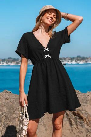 Schwarzes V-Ausschnitt Elastische Taille Minikleid