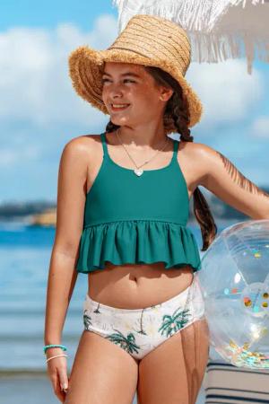 Kinderbademode Tropisches U-Ausschnitt Mädchen-Tankini-Set