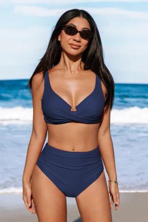 Navy High-Waist Bikini-Set im Wickeldesign