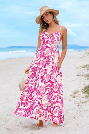 Pink Blumiges Ärmelloses Maxikleid