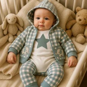Lorey Medtec Neugeborenen-Geschenkset Jungen Outfit, 3-teilig, Langarmbody + Hose + Jacke, Türkis, Braun