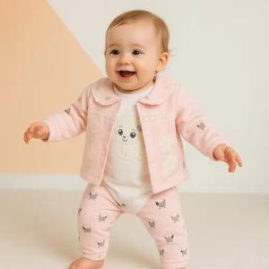 Lorey Medtec Shirt, Hose & Jäckchen Mädchen Outfit Baby, 3er Set, Langarmbody + Hose + Jacke, Rosa