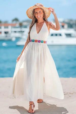 Beiges Ärmelloses V-Ausschnitt Midi-Strandkleid