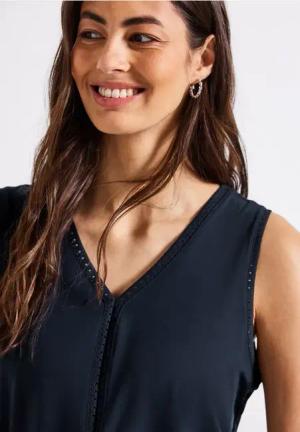 Street One Frauen Jersey-Top mit Häkeldetails in Blau, Gr: 34