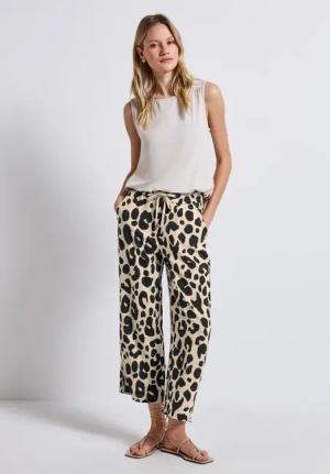 Street One Frauen Wide Leg Hose mit Leo-Print in Beige, Gr: 42