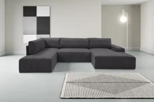 WERK2 Wohnlandschaft "Rotterdam-U, U-Form, in kuschelweichem Cord oder Breitcord", Design Sofa mit Schlaffunktion & Bettkasten, Cord, Anthrazit