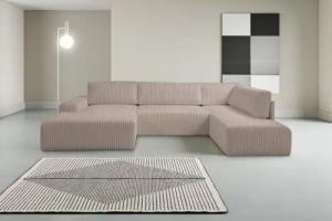 WERK2 Wohnlandschaft "Rotterdam-U, U-Form, in kuschelweichem Cord oder Breitcord", Design Sofa mit Schlaffunktion & Bettkasten, Breitcord, Taupe