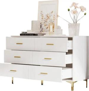 Refined Living Sideboard Kommode mit 6 Schubladen, Aufbewahrungsschrank,Schubladenkommode (Maße: H76/B120/T40 cm, Kommode weiß mit Schubladen, moderne Kommode Schlafzimmer, gerillte Kommode, Ästhetisches Design mit Wellenmuster, Mit glänzenden goldenen Gr