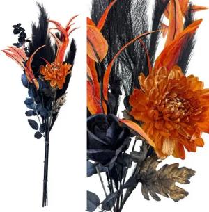 Kunstblumenstrauß - künstliche Blumen gebunden mit Chrysanthemen, schwarzen Federn & schwarze Rosen, Online-Fuchs, detailreiche und hochwertige Verarbeitung