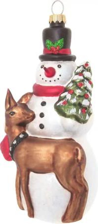 Krebs Glas Lauscha Christbaumschmuck "Schneemann mit Reh & Baum", (1 tlg.), Christbaumschmuck aus Glas, mundgeblasen, handgefertigt, Schneemann