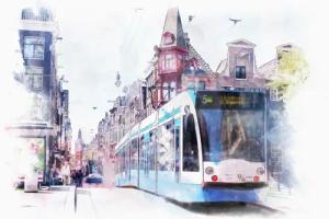 queence Leinwandbild "Straßenbahn", Fahrzeuge-Städte-Zugbilder-Züge, Premium-Leinwandstoff, Handarbeit aus Deutschland