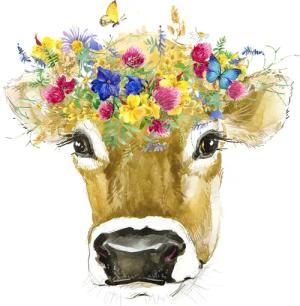 queence Leinwandbild "Kuh", Kunst-Kuh-Kuhbilder-Blumen-Blumenbilder, Premium-Leinwandstoff, Handarbeit aus Deutschland
