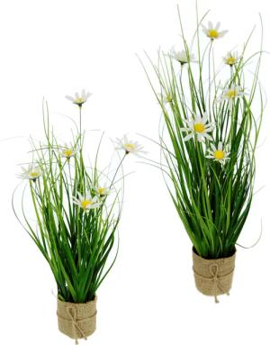 I.GE.A. Kunstgras "Gasbusch", mit Margeritenblüten und Band, in Jutetopf, 2er Set