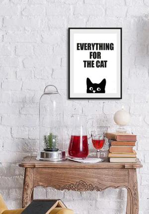 queence Bild "EVERYTHING FOR THE CAT", Schriftzug-Humor-Sprüche & Texte-Schwarz-Weiß-Katze-Katzenbilder, (1 St.), HD Premium Poster-Druck inkl. Holzrahmen