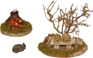 Alfred Kolbe Krippen-Zubehör, Lagerfeuer mit Flackerplatine, für 10-12 cm Figuren, Bienenkorb, Katze