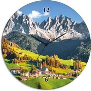 Artland Wanduhr "Glasuhr rund Alpen Berge Santa Maddalena", wahlweise mit Quarz- oder Funkuhrwerk, lautlos ohne Tickgeräusche