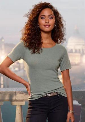 LASCANA Rundhalsshirt mit feiner Glitzereinfassung aus
