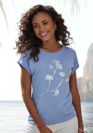 LASCANA Kurzarmshirt mit schimmerndem Blumenprint aus