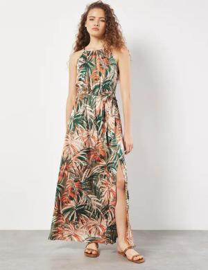 Apricot Maxikleid Tropical Leaf Satin Dress,