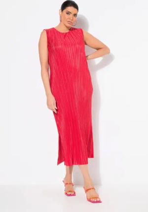 Ulla Popken Midikleid Plissee-Midikleid Rundhals ärmellos
