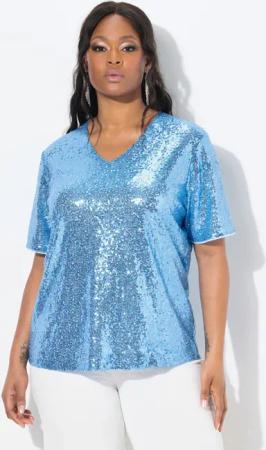 Ulla Popken Druckbluse Blusenshirt Pailletten V-Ausschnitt