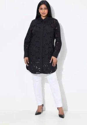 Ulla Popken Longbluse Longbluse Lochspitze Hemdkragen