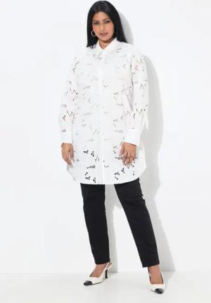 Ulla Popken Longbluse Longbluse Lochspitze Hemdkragen