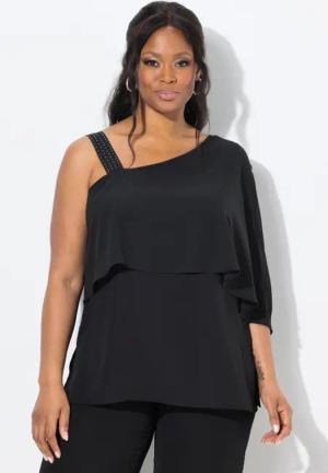 Ulla Popken Spitzenbluse Chiffon-Bluse One-Shoulder-Überwurf A-Linie