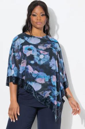 Ulla Popken Druckbluse Bluse Chiffon-Überwurf U-Boot-Ausschnitt