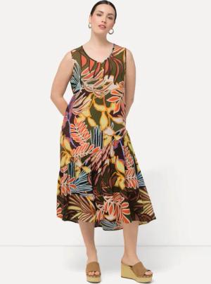 Ulla Popken Maxikleid Kleid Blätter Volantsaum