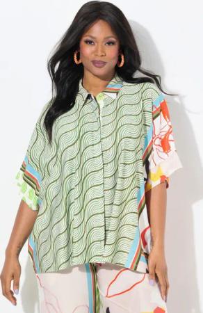 Ulla Popken Druckbluse Slinkybluse Patch-Design Hemdkragen