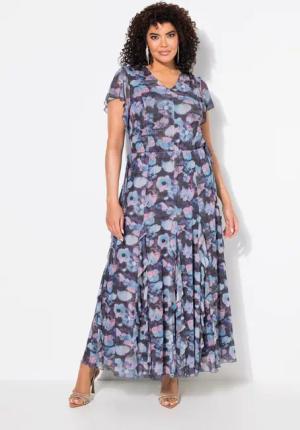 Ulla Popken Maxikleid Mesh-Abendkleid Blüten V-Ausschnitt