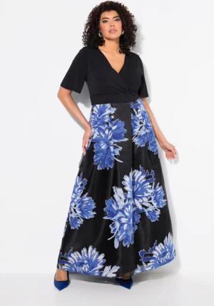 Ulla Popken Abendkleid Maxikleid Ausbrenner-Rock V-Ausschnitt