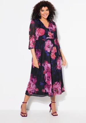 Ulla Popken Abendkleid Mesh-Maxikleid Blüten V-Ausschnitt