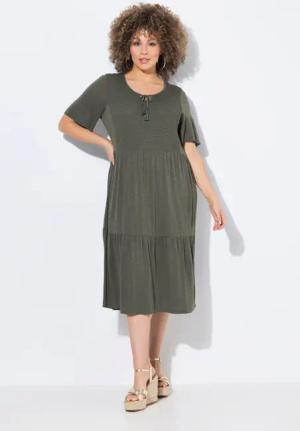 Ulla Popken Jerseykleid Jerseykleid Smokeinsatz Rundhals