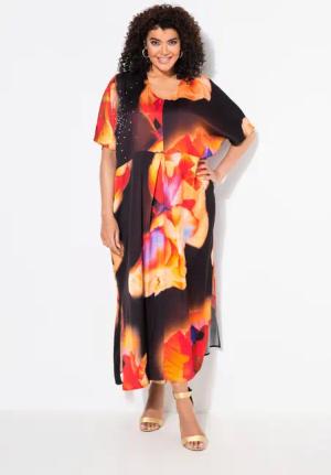 Ulla Popken Cocktailkleid Satin-Kaftan Blüten Ziersteine
