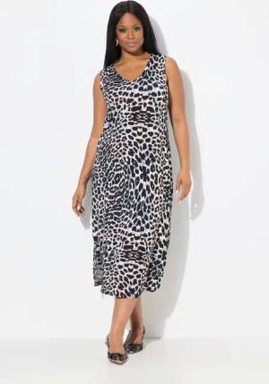 Ulla Popken Jerseykleid Midi-Slinkykleid Leo-Design V-Ausschnitt