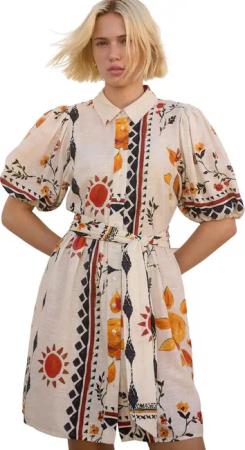 Next Minikleid Mini-Hemdblusenkleid, Bindegürtel und Puffärmeln