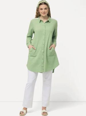 Ulla Popken Hemdbluse Longbluse Leinenmix Streifenband